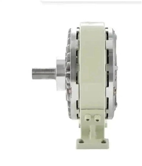 Magnetic powder brake with base, side view showing single drive shaft, 0.6–10 kg torque, DC24V.