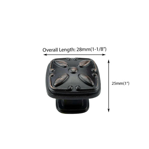 Image showing Solid Zinc Alloy Cabinet Pull Knob One And One Eighth Inch Oil Rubbed Bronze with decorative detailing and measurements.