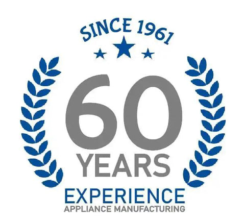 60 years appliance manufacturing experience since 1961 badge with laurel wreath and stars