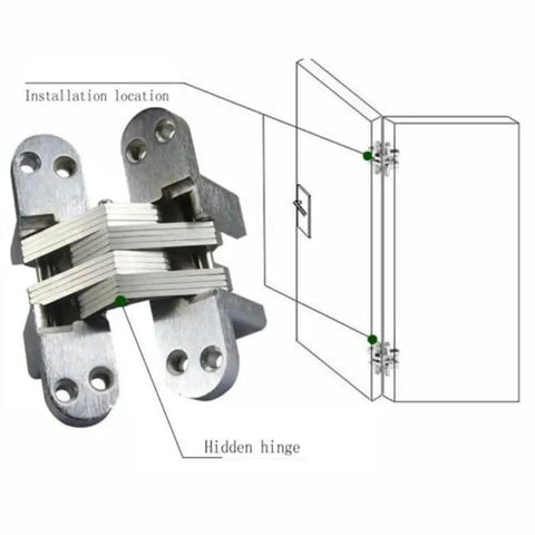 Diagram and product image of Hidden Cross Hinges For Doors 4 Pack 180 Degree Opening Stainless Steel Satin Finish Invisible Gate Hinges.