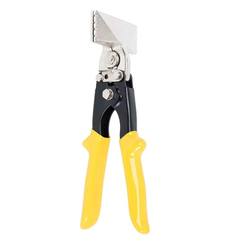 Heavy Duty Hand Seamer With Straight Jaw Duckbill Pliers For Sheet Metal Work, ergonomic yellow PVC grip visible.