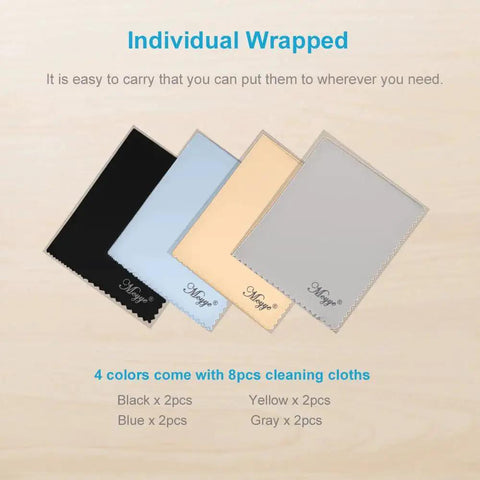 Four colorful Eight Pack Microfiber Cleaning Cloths for Glasses and Screens 6x7 Inches, showing black, blue, yellow, gray