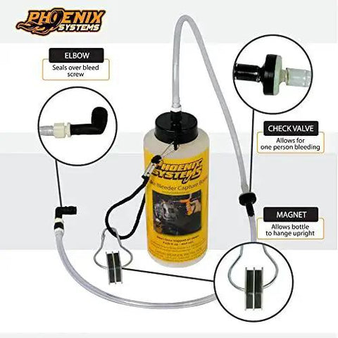 Phoenix Systems 7002-B One-Man Brake Bleeder Capture Bottle 12 oz with Quick Adapter; yellow bottle, black cap, clear hoses
