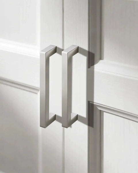 Five Inch Stainless Steel Cabinet Handles 10 Pack Brushed Nickel Modern Kitchen Cupboard Pulls installed on white cabinet doors