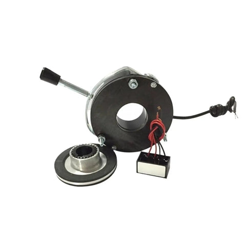 Electromagnetic power-off motor brake, black circular housing with shaft and wiring connector, front view