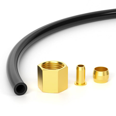 Air compressor unloader tube kit with black hose and three gold brass fittings (1/4-inch ferrule, compression insert, compression nut)
