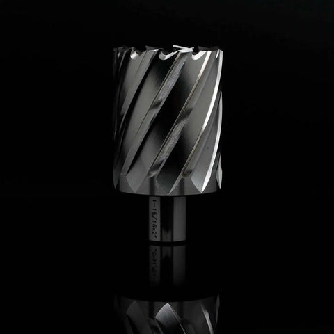 Heavy Duty Annular Cutter For Magnetic Drill Press By OSCARBIDE One And Fifteen Sixteenths Inch Cutting Diameter Two Inch Depth Of Cut Three Quarter Inch Weldon Shank With Two Flats Pilot Pin Drills Large Holes Fast, shown with a spiral design on a black background