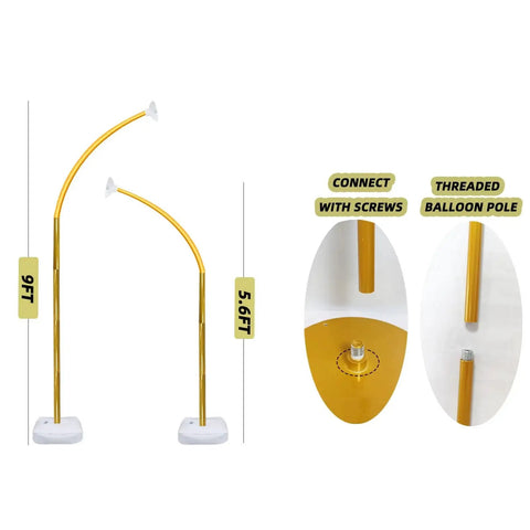 Bendable Balloon Arch Stand Kit 9ft And 5.6ft With Heavy Base Water Bag Gold, showing arch poles and connection details.