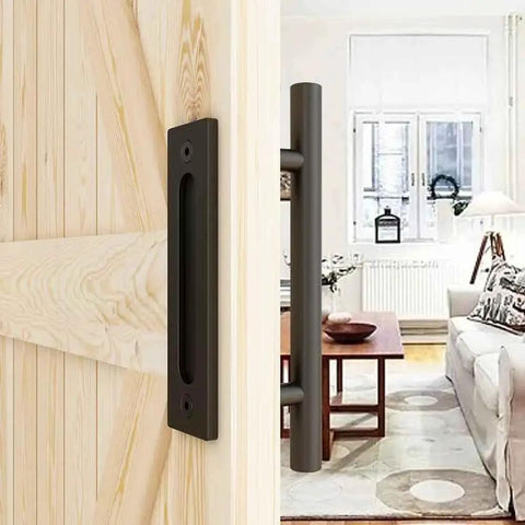 10 Inch Sliding Barn Door Handles And Pulls, Double Sided Hardware Set With Flat Bottom Plate Design In Rustic Black installed