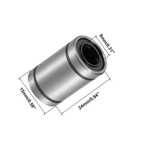 High Quality LM8UU 8mm Linear Bearing Set with double rubber seals, dimensions shown, for CNC machines and 3D printers.