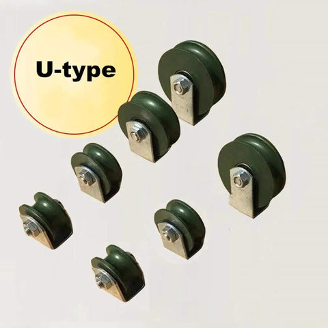 Heavy Duty Two U Groove Caster Wheel Set for Sliding Doors, 95mm cast iron wheels with dual bearings, shown in various sizes