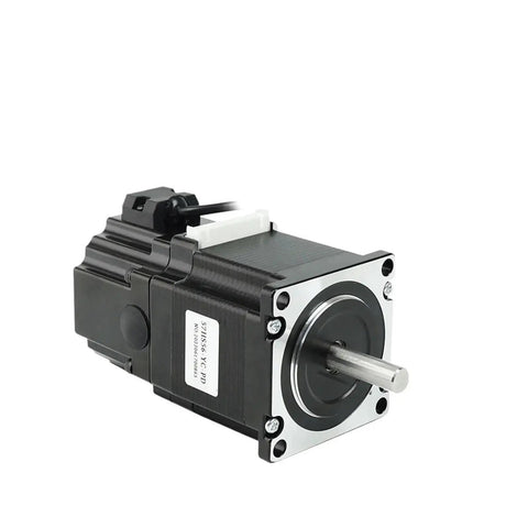 Front-right view of a NEMA23 permanent magnet brake stepper motor; black body, silver flange, white connector.