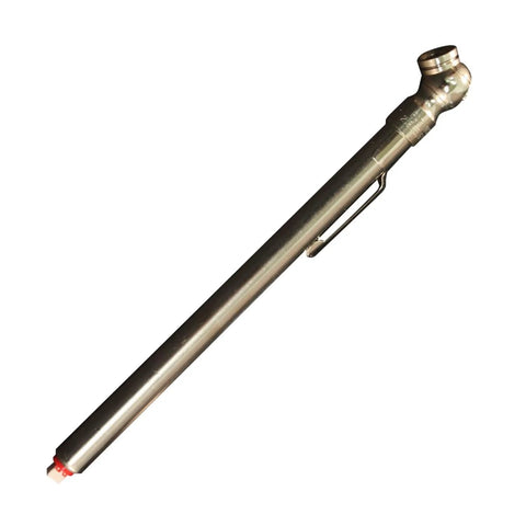 Milton S-925 pencil tire pressure gauge side view; plated brass body, built-in deflator, single head chuck, metal pocket clip.