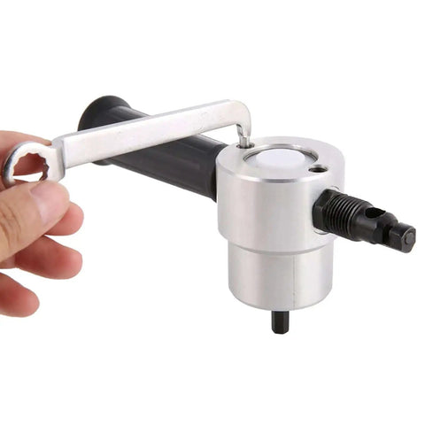 Metal Nibbler With Dual Cutter Heads And 360 Degree Rotating Head for electric and pneumatic drills, handheld tool shown in hand