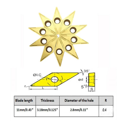 Close-up of VCMT110304 carbide inserts arranged in a star shape, part of the Two Piece Half Inch Indexable Metal Lathe Tool Holder Set.