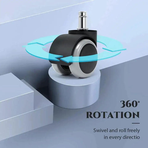 Close-up of one caster showing 360-degree rotation for Heavy Duty Office Chair Wheels Set Of 5 For 530 Lb Max Load Universal Silent Rubber Casters With 11mm Stem Replacement For Computer Ergonomic Chairs And Desk Chairs Tool Free Easy Installation.