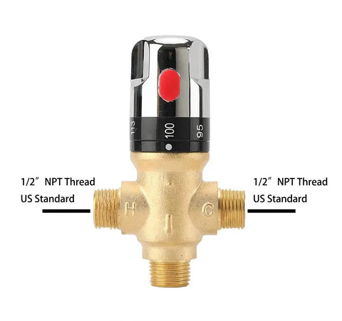 Shower Thermostatic Mixing Valve From TreMax With One Half Inch NPT Thread US Standard, solid brass in gold with Fahrenheit scale markings.