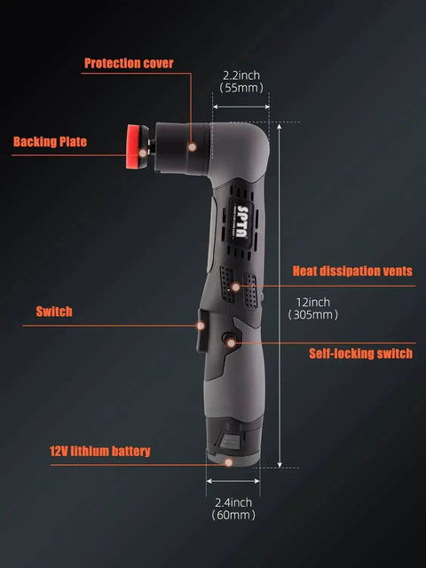Side view of Cordless Mini Polisher 12V Multi Polisher For Auto Detailing With Polishing Pad, highlighting features and size.