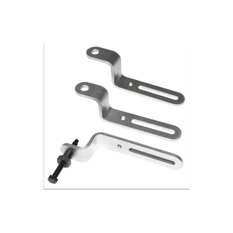 Engine timing tool kit components: three silver L-shaped metal arms with slots and a clamp bolt