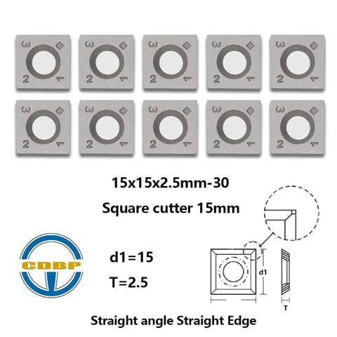 Go-To 15mm Square Straight Carbide Inserts For Woodturning, 10 pack, 4-edge replacement cutters, fits helical planer heads, 15x15x2.5mm