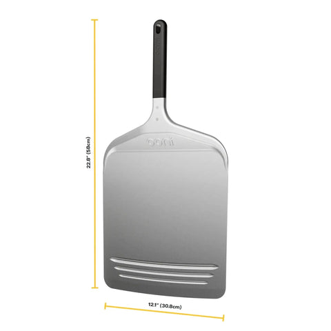 Compact 12 Inch Aluminum Pizza Peel With Handy Handle For Easy Pizza Turning And Oven Prep Lightweight Yet Durable Ideal For Home Kitchens And Ooni Ovens Space Saving Design For Quick Pies, with measurements visible.