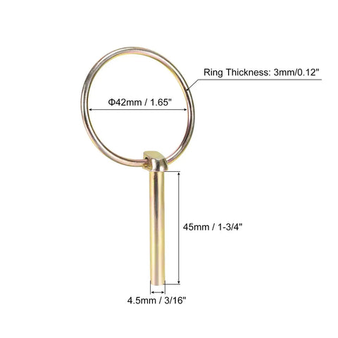 Linch Pin With Ring Set 2 Pack 3/16 Inch By 1-3/4 Inch Heavy Duty Trailer Pins For Boat Kayak Canoe Trailer Tractor Trolley Gold
