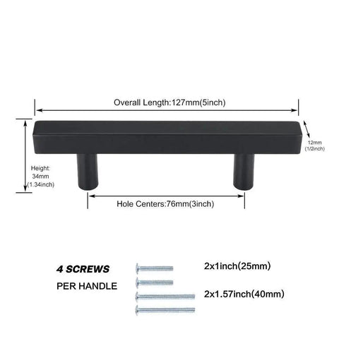 Diagram of a 25 Pack 3 Inch Black Cabinet Pulls Stainless Steel Drawer Handles With Mounting Screws, showing measurements and screws.