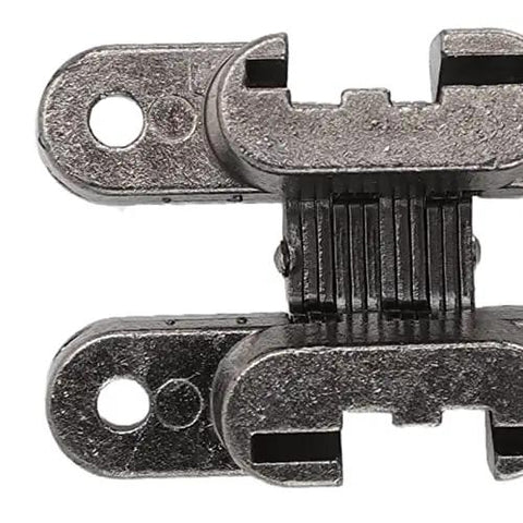 Invisible 180 Degree Zinc Alloy Cross Hinges For Cabinets And Wooden Doors Dope Hidden Hardware 43mm Mini Door Hinges 3 Piece Set Black Plated Heavy Duty For Jewel Boxes Folding Tables close-up detail