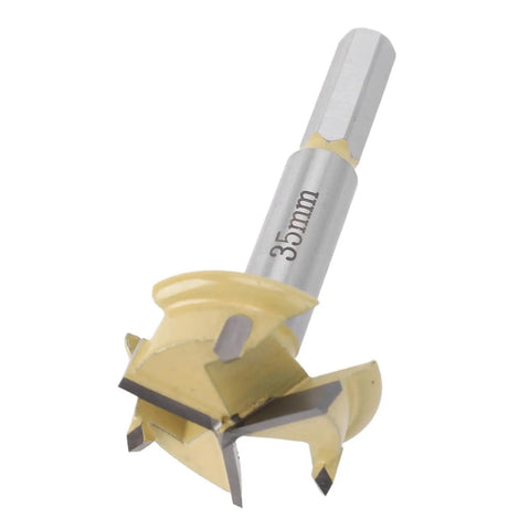35mm Hinge Boring Bit With 9mm Hex Shank And 10mm Drilling Depth, 3 Flute Hinge Hole Cutter For Woodworking front view