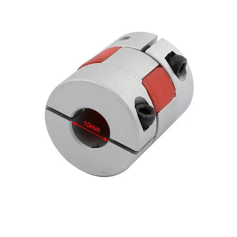 Five To Ten Millimeter Shaft Coupling Aluminum Alloy 30mm Length 25mm Diameter Plum Shaped Motor Coupler, red and silver finish, side view