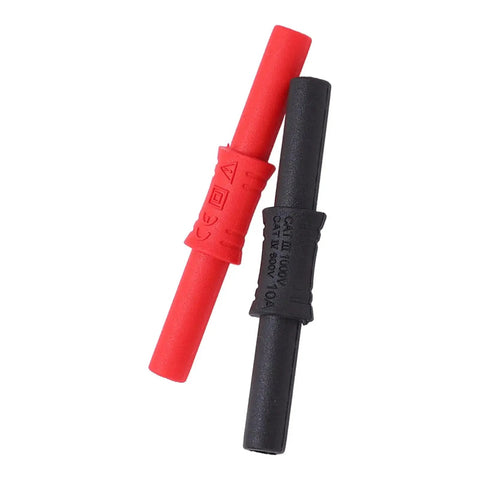 Red and black 4mm insulated banana plug adapters with PVC sleeve; female-to-female banana coupler.