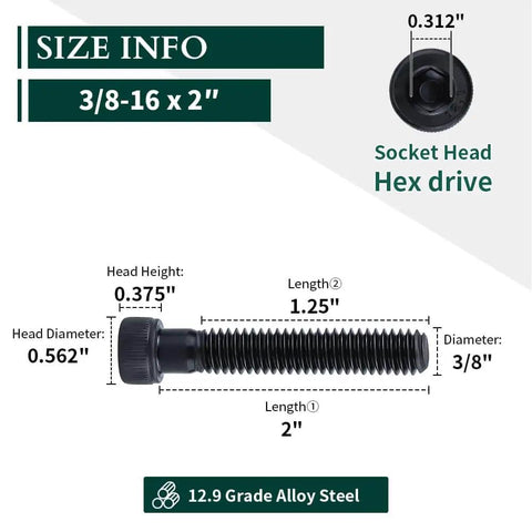 Diagram showing 3/8-16 X 2 Socket Head Cap Screws Bolts, 12.9 Grade Alloy Steel, Black Oxide Finish, Allen Hex Drive