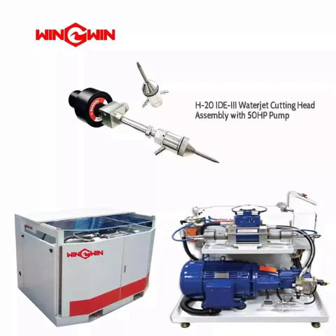 Waterjet Pump Intensifier Assembly with 50HP pump and H-20 IDE-III cutting head, shown with industrial equipment setup.