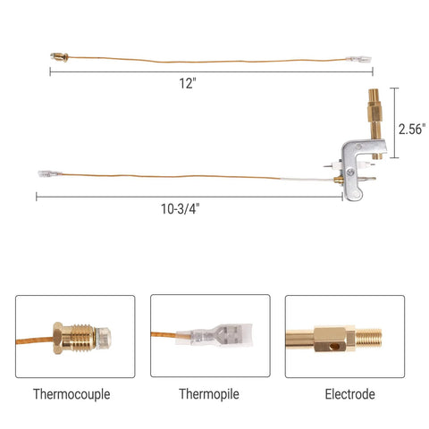 Pilot assembly for portable propane heater with copper leads; includes thermocouple, thermopile, electrode.