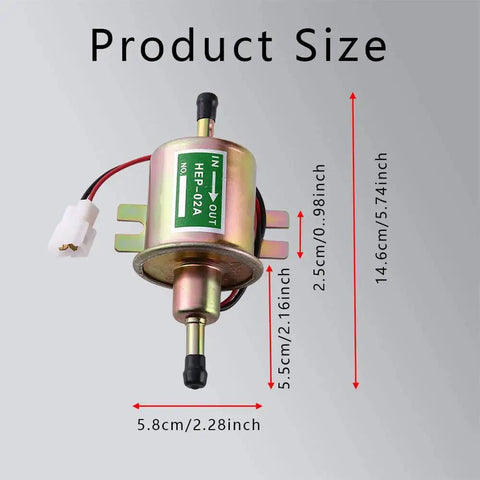 12V Inline Fuel Pump For Gas Engines With Low 2.5 To 4 PSI, showing size dimensions, universal fit for lawn mowers and carburetors
