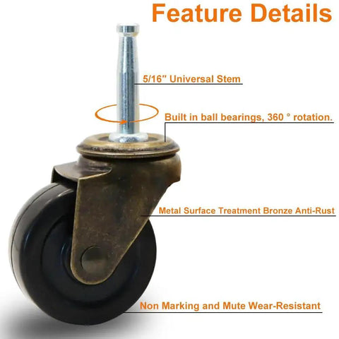 Antique Brass Caster Wheels Set Of Four With Rubber Wheels And Five Sixteenth Inch By One And One Half Inch Stem Sockets