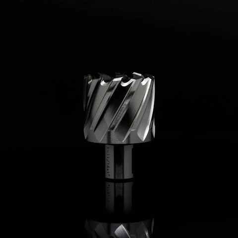 Annular Cutter One And Eleven Sixteenths Inch Diameter With One Inch Cutting Depth For Magnetic Drill Press Three Quarter Inch Weldon Shank With Two Flats Pilot Pin Included Dual Teeth Thin Wall Design For Faster Holes Oscarbide, front view