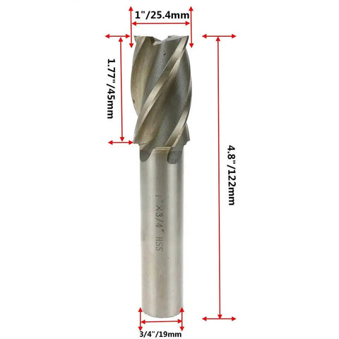 End Mill 1 Inch Cutting Diameter With Three Quarter Inch Straight Shank Four Flute High Speed Steel Milling Bit For Side Milling And Finishing In Carbon Steel Alloy Steel Die Steel Cast Iron Titanium Rannb