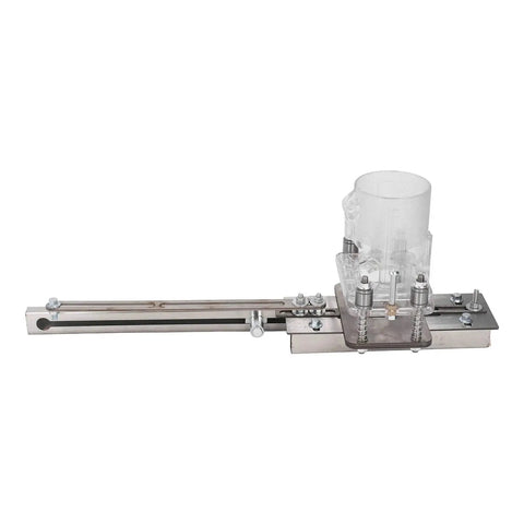 Side view of a compact wood router tool for chamfering, grooving, slotting, carving, and cutting with transparent plastic and stainless steel design.