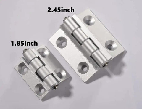 Two aluminum alloy torque-position hinges, 1.85 in and 2.45 in, silver, angled top view with mounting holes