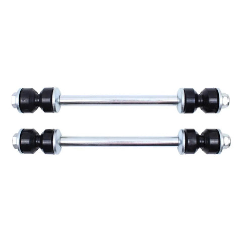 Pair of front sway bar end links with chrome rods, black bushings, and washers.