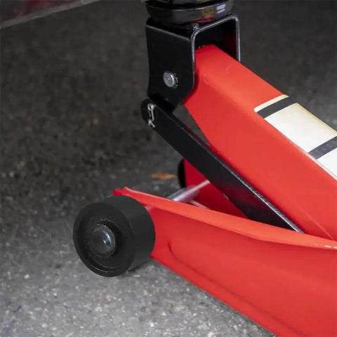 Universal Front Jack Wheels Replacement for Hydraulic Floor Jacks 2.56 Inch Bearing Caster Wheel installed on red jack