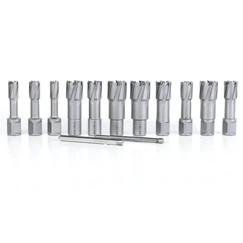 Heavy Duty Carbide TCT Annular Cutter Set For Magnetic Drill Press 13 Piece With Weldon Shank And One And Three Eighths Inch Cutting Depth
