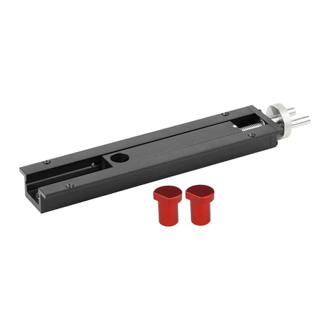 Compact Bench Tail Vise For Home Shop And Workbench Projects Inertia Vice Fixture, adjustable aluminum alloy clamp in black with red knobs.