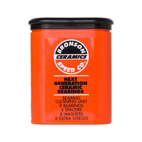 Bronson Ceramic Bearings skateboard kit in orange container; next generation ceramic bearings and cleaning unit