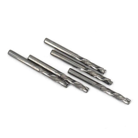Pro Grade One Eighth Inch Shank Carbide End Mills Three Point One Seven Five By Seventeen Millimeter Up And Down Cut Square Nose CNC Spiral Router Bits Two Flute For Wood Five Piece Precision Set ALTIN Coated For Longer Tool Life And Smoother Cuts, shown in close-up.
