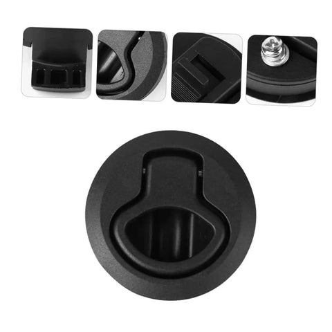 Close-up of round flush pull slam latch, black marine-grade recessed handle for boats and RV cabinets