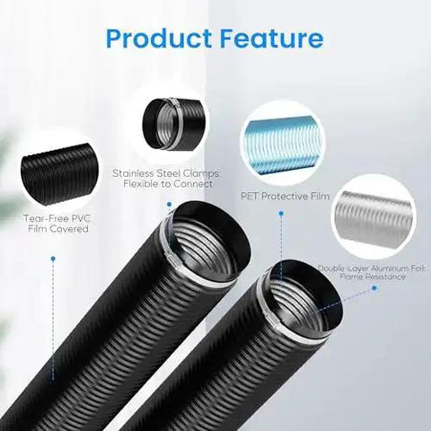 Close-up of beefed up 10 inch dryer vent hose with 4 layer ducting, stainless steel clamps, and PVC protective film.