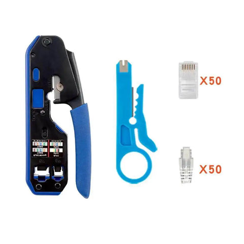 Pro Grade All In One Ethernet Crimp Tool Kit For RJ45 Cat5e Cat6 Pass Through Connectors, data plugs, wire stripper, and cutter, 103-piece set