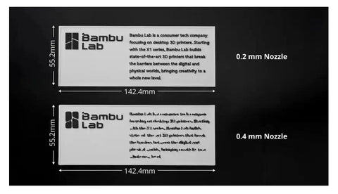 Comparison of 0.2mm and 0.4mm nozzles on Bambu Lab prints, showing dimensions and print clarity for high temp precision printing.